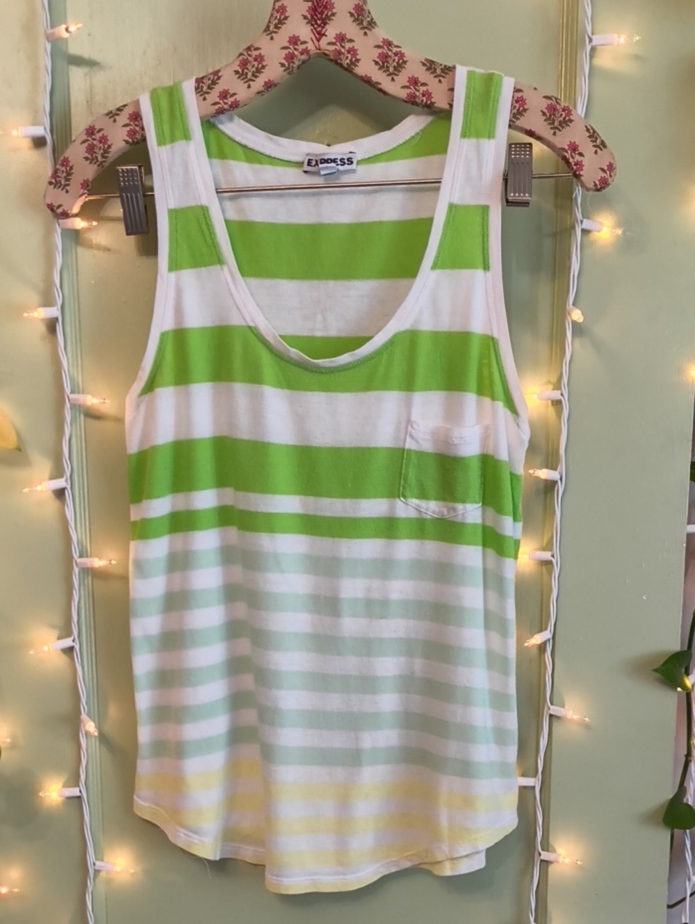 Women's 🆓 Express Green Yellow White Striped Racerback Tank Top XS